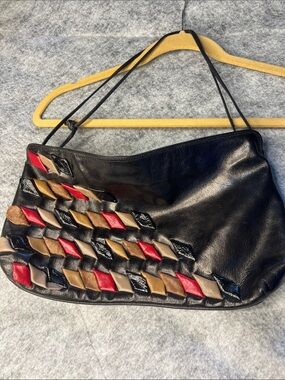 Vintage Black Leather Shoulder Bag with Multicolor Braided Accents